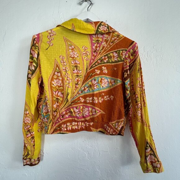 Haute Hippie Womens Floral Collared V-Neck Wrap Blouse Yellow Long Sleeve Boho - Picture 2 of 8